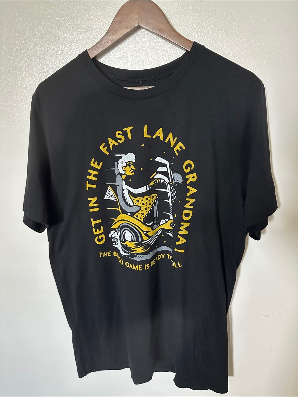 Black Graphic Short-Sleeve Tee with Yellow Motorbike Artwork
